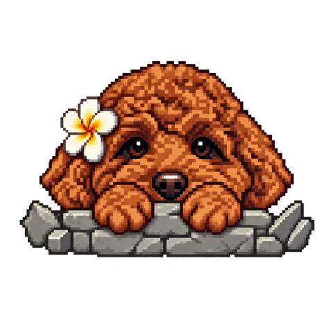 Pixel-art puppy peeking over angular stones